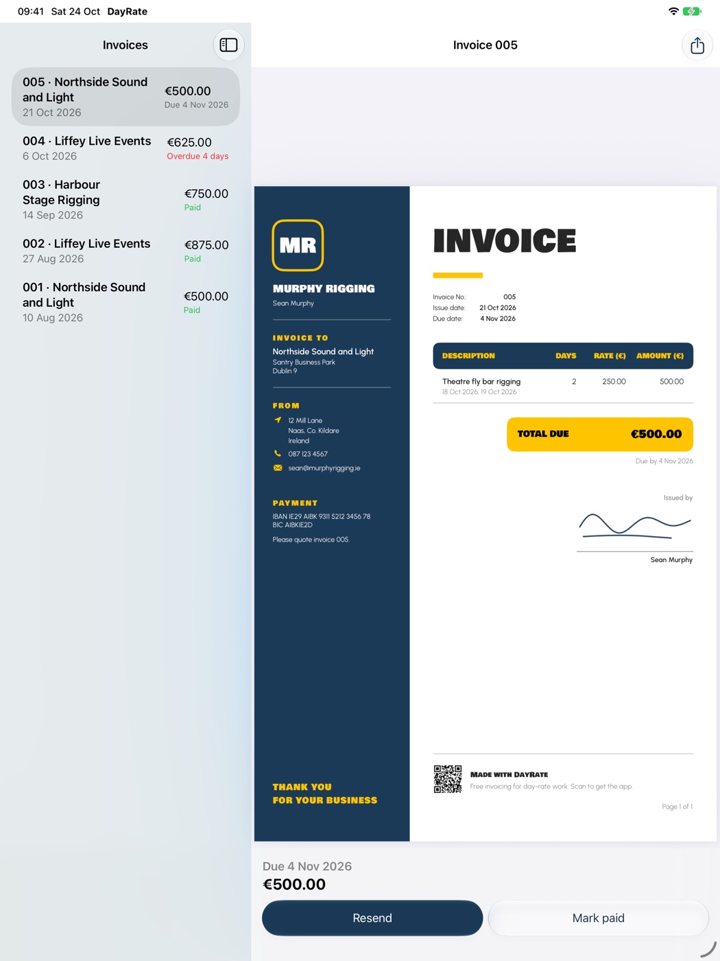 DayRate on iPad: the invoice list beside a full-size invoice